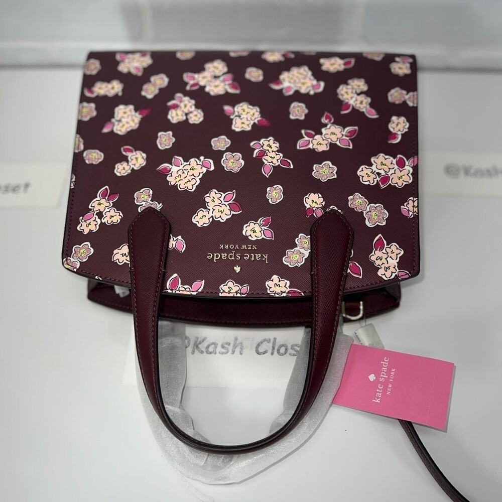 Kate Spade Satchel Tinsel Frosted floral Bag Purse Deep Berry Multi - Picture 8 of 10